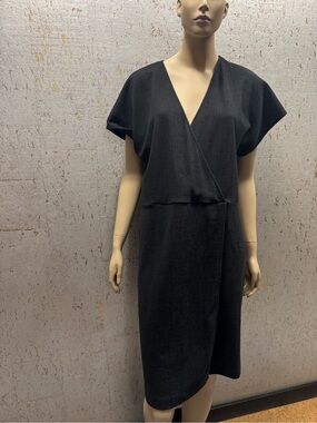 Madewell Black Textured V-Neck Midi Faux Wrap Dress